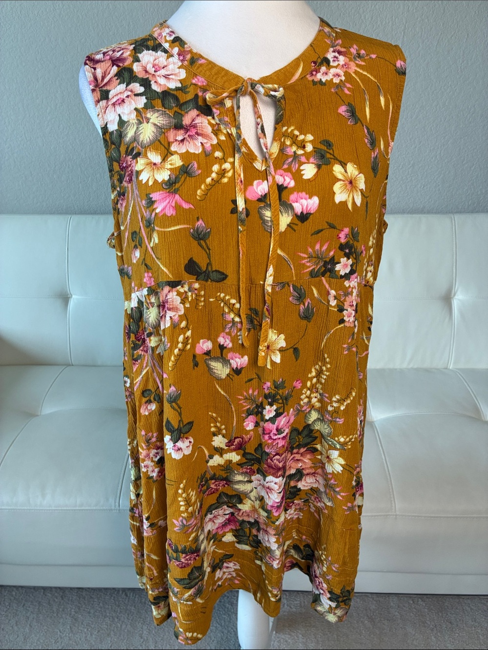 Umgee Sleeveless Mustard Floral Tie-Neck Tunic Dress